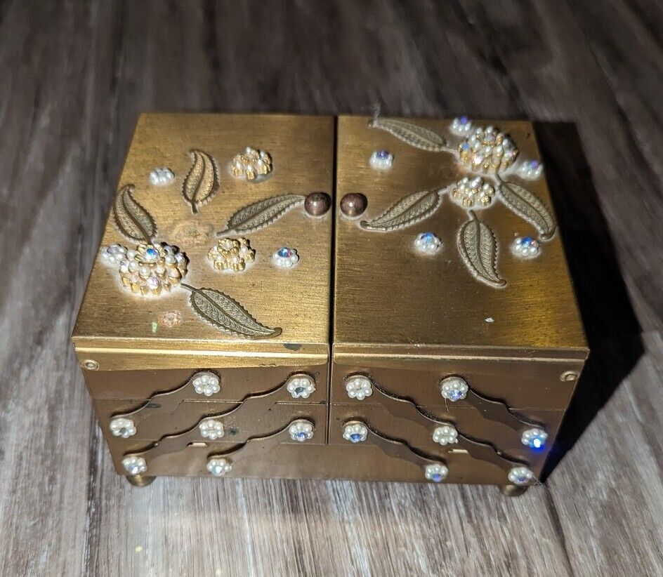 Vintage 50s Gold Tone Jewelry Trinket Box Hinged Tiered Fold Out Mid Century MCM