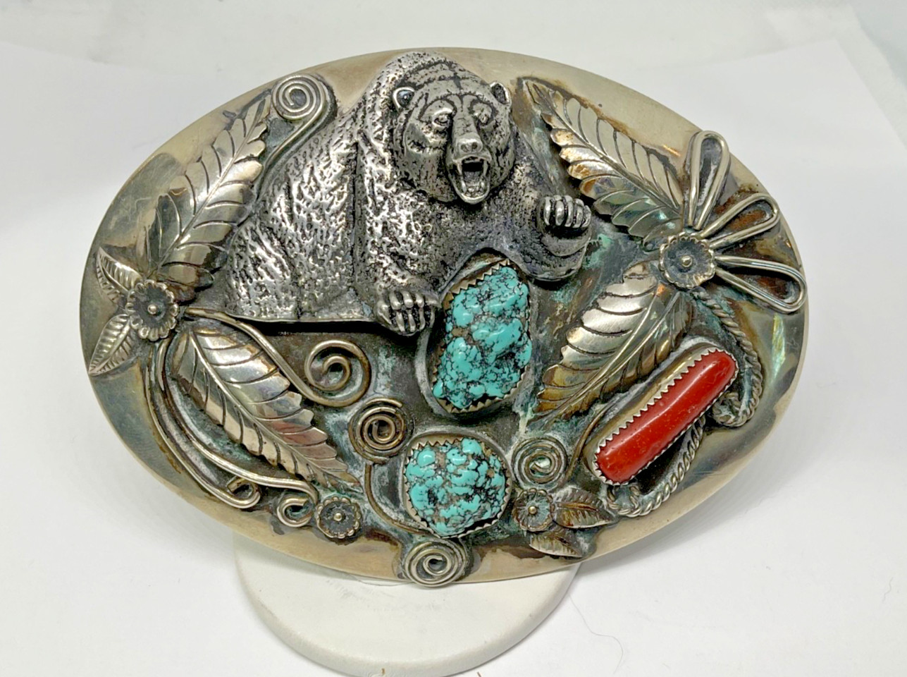 Jerry Roan Navajo Grizzly Bear Turquoise Coral Belt Buckle Mostly Nickel Silver Jerry Roan Navajo Grizzly Bear Turquoise Coral Belt Buckle Mostly Nickel Silver