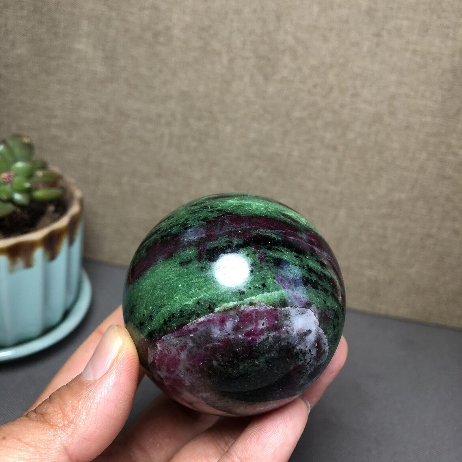 59mm NATURAL green&red ruby Epidote Ball sphere polish CRYSTAL Specimen 353g1545
