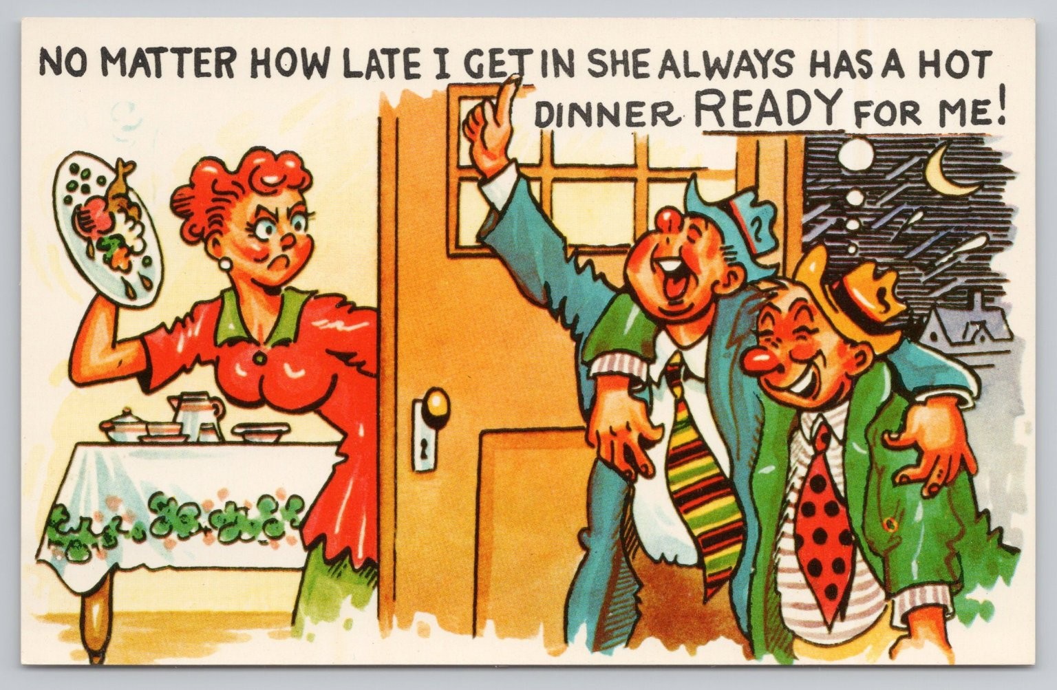Humorous Cartoon Postcard Late Husband, Hot Dinner, Annoyed Wife Comic