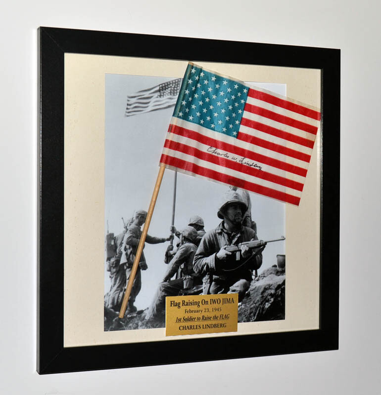 IWO JIMA Autograph Charles A. Lindberg Signed U.S. FLAG WWII, FRAME, UACC RD228