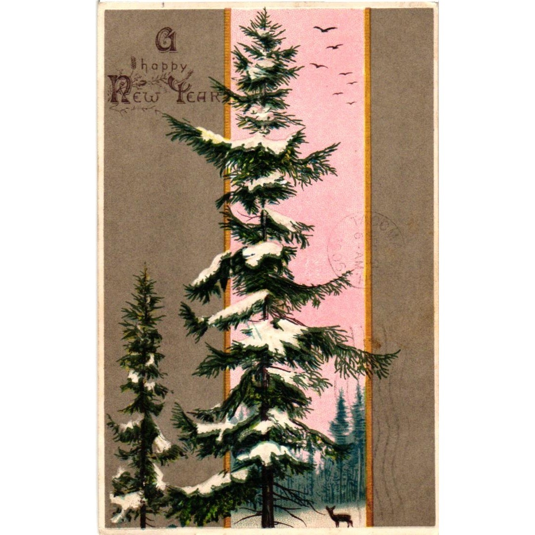 Antique 1906 Happy New Year Postcard Snowy Pine Trees Pink Sky Portland OR Stamp