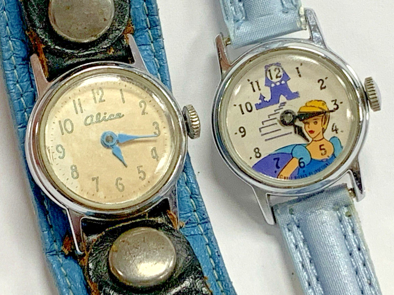 Vintage 1960s Watch Lot Alice In Wonderland Leather Band Cinderella Both Working