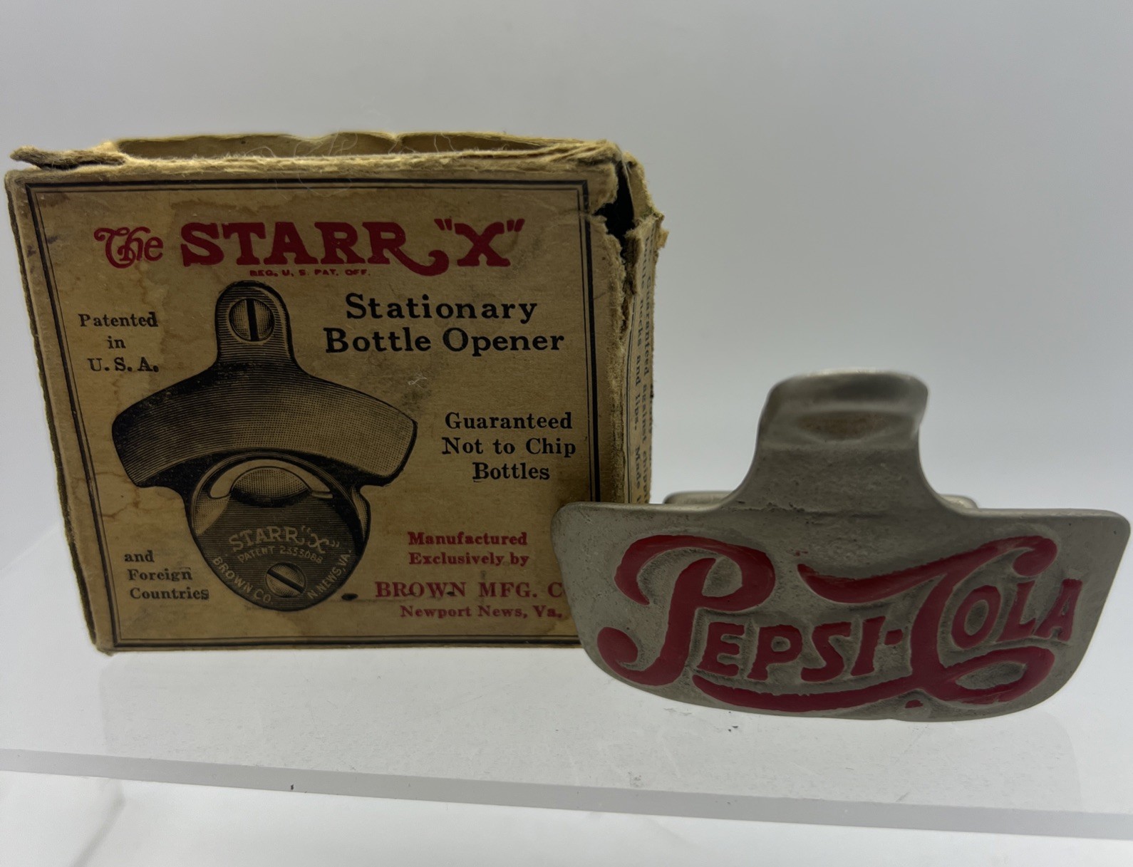 Vtg Pepsi Cola Starr X Wall Mount Metal Bottle Opener Brown Co. w/ Box USA 1940s
