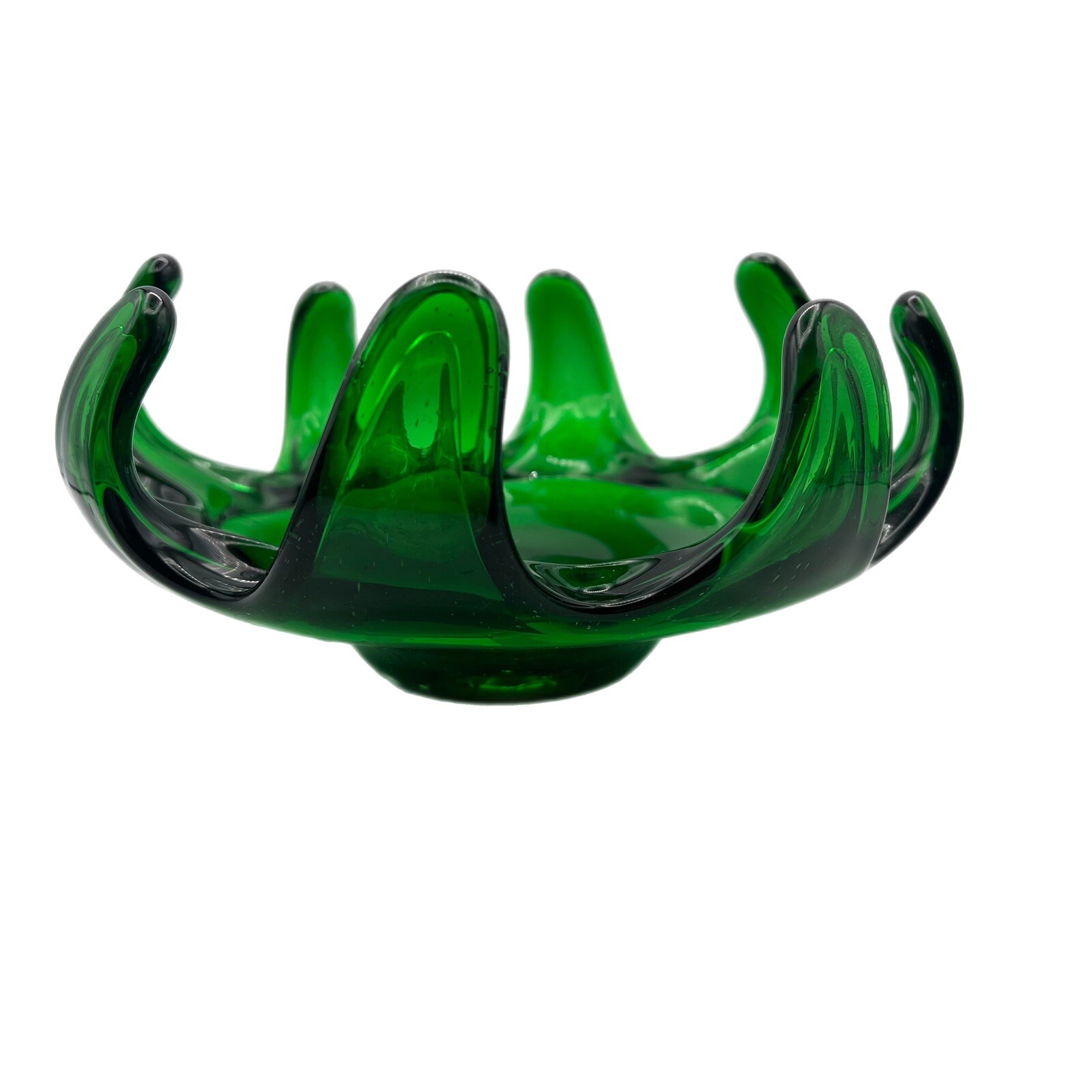 Vintage Emerald Green Glass Open Compote Crackle Design Footed 8 Petal MCM Bowl