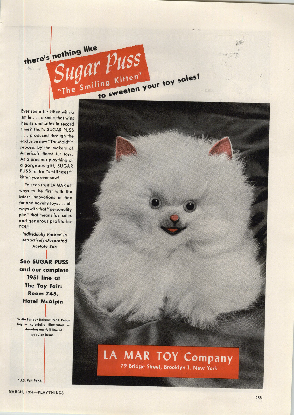 1951 PAPER AD La Mar Toy Sugar Puss The Smiling Kitten Cat Stuffed Plush Animal