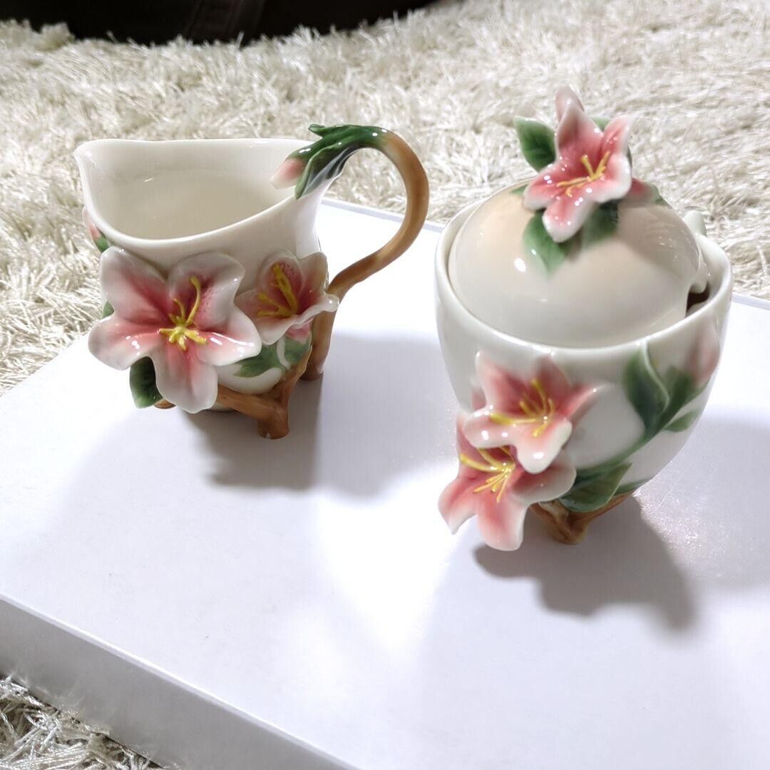 FRANZ Porcelain Collection Hibiscus Creamer Sugar Pot Set with Spoon