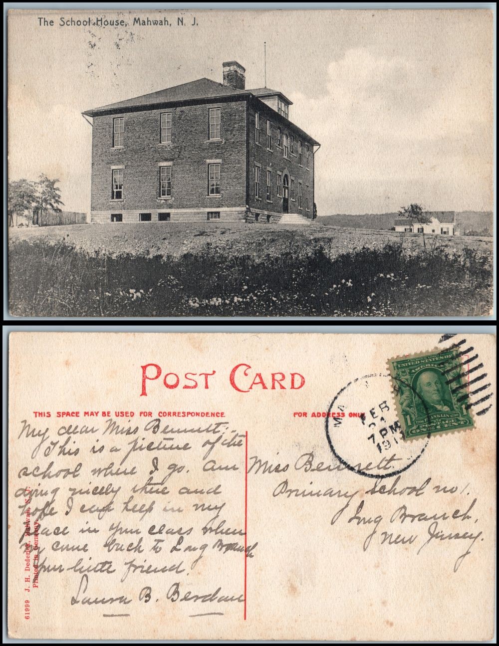 1913 The School House Mahwah NJ New Jersey postcard divided back J.H. Dederick
