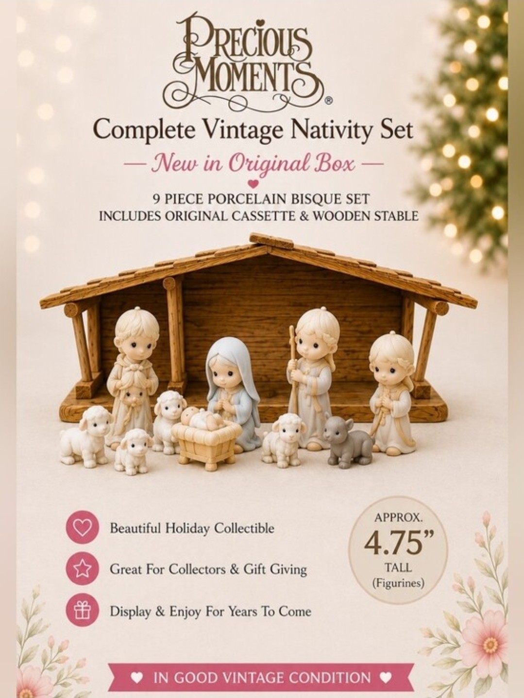 Vintage Precious Moments 9 Pc Nativity Set with Original Stable, Box & Cassette