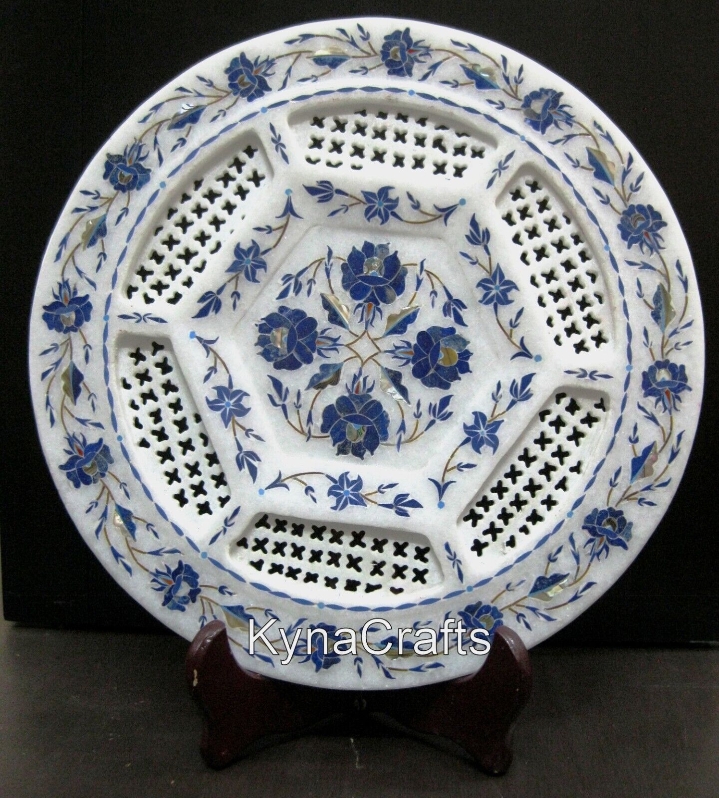 11 Inches Marble Decorative Plate Lapis Lazuli Stone Inlay Pizza Platter for Bar