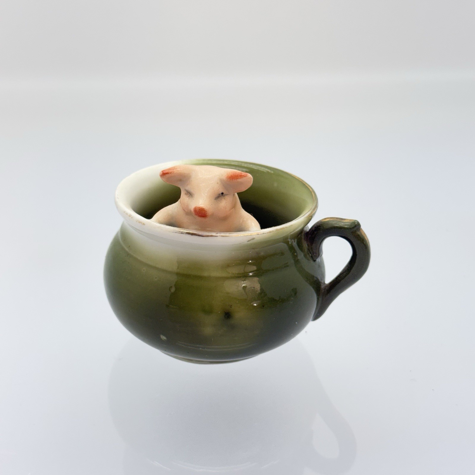 Vintage Porcelain Pig Chamber Pot Fairing Figurine Kitsch Green