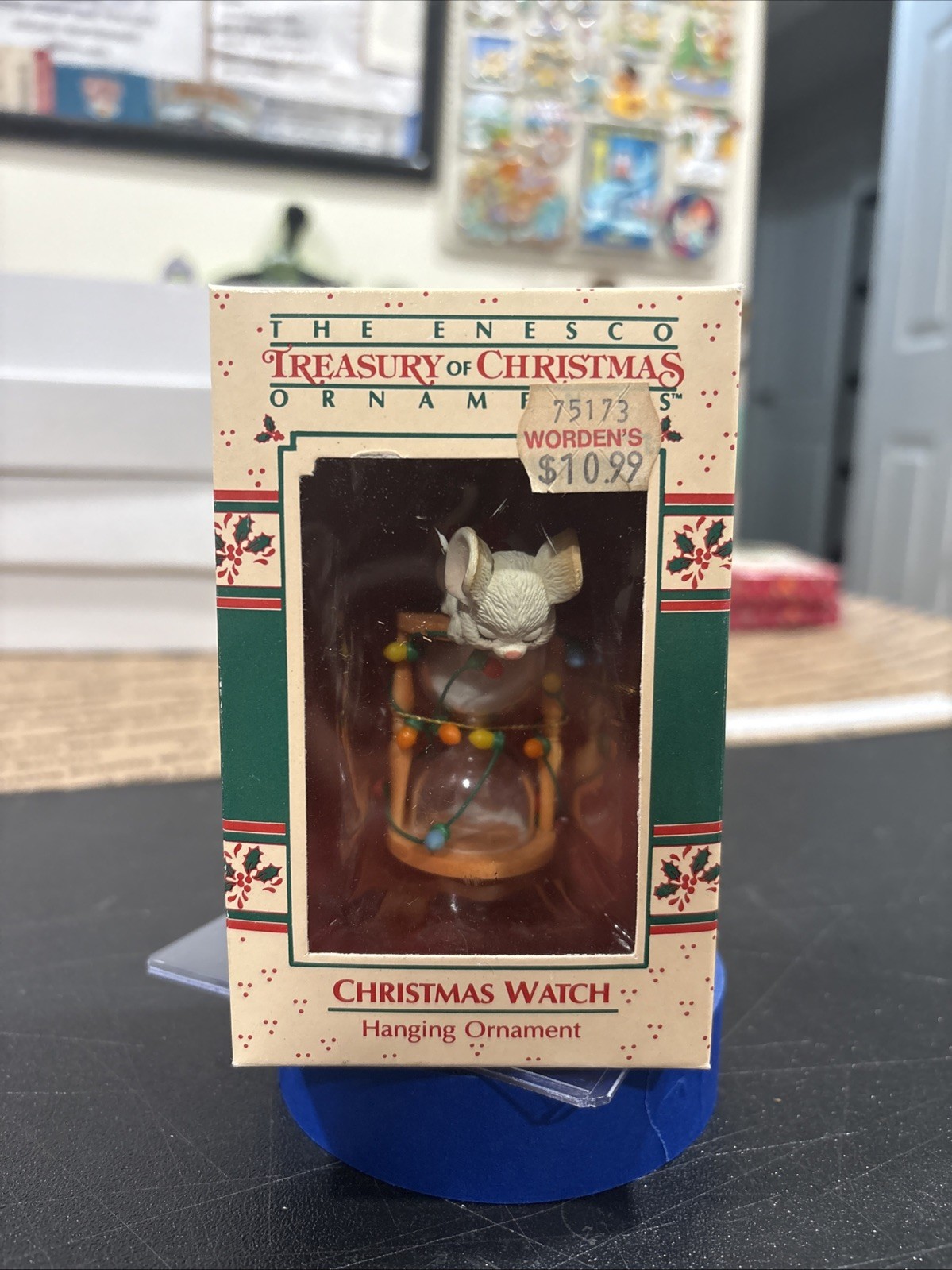 1988 Enesco Christmas Watch Ornament w/ Box Mouse On Hourglass