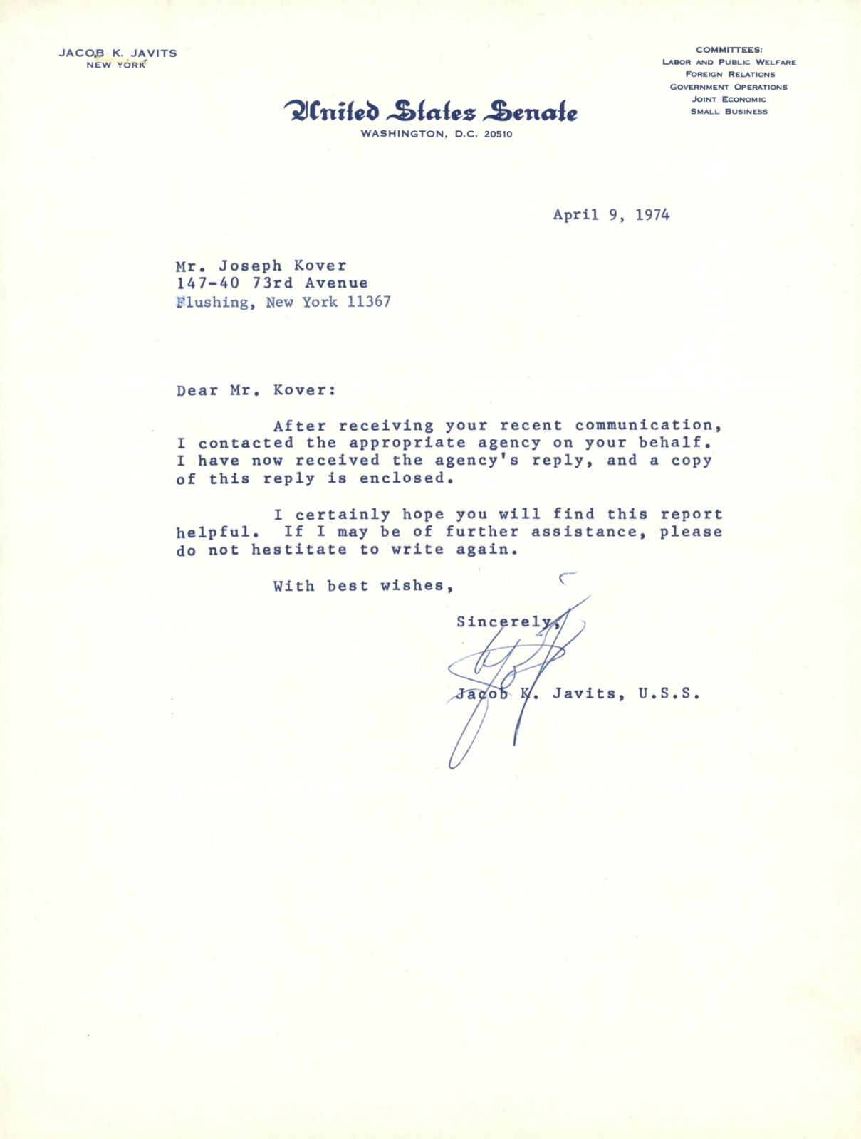 Senator Jacob K. Javits Signed Letter