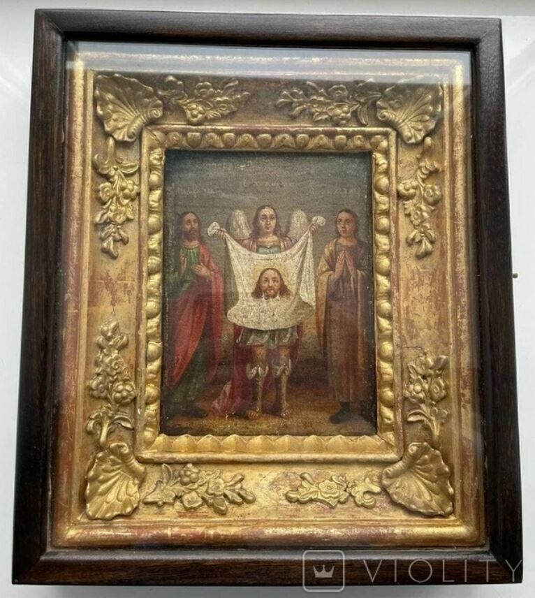 Antique Icon Savior Jesus Christian Case Wood Paint Not Made by Hands Rare 19th