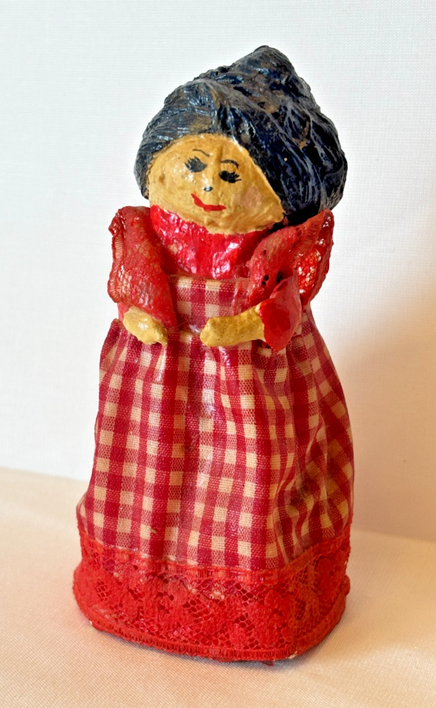 Paper Mache Woman Figure Figurine Handmade Red Lace 5\