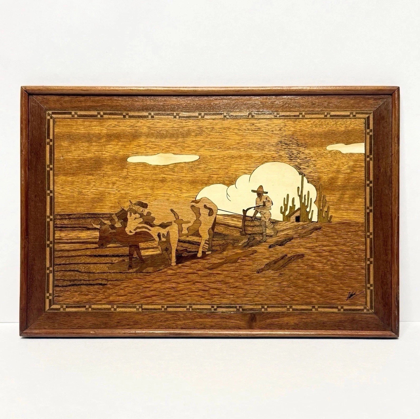 Vintage 1940s Jesús Salmón Large Mexican Marquetry Wood Plaque Art | Ox Desert