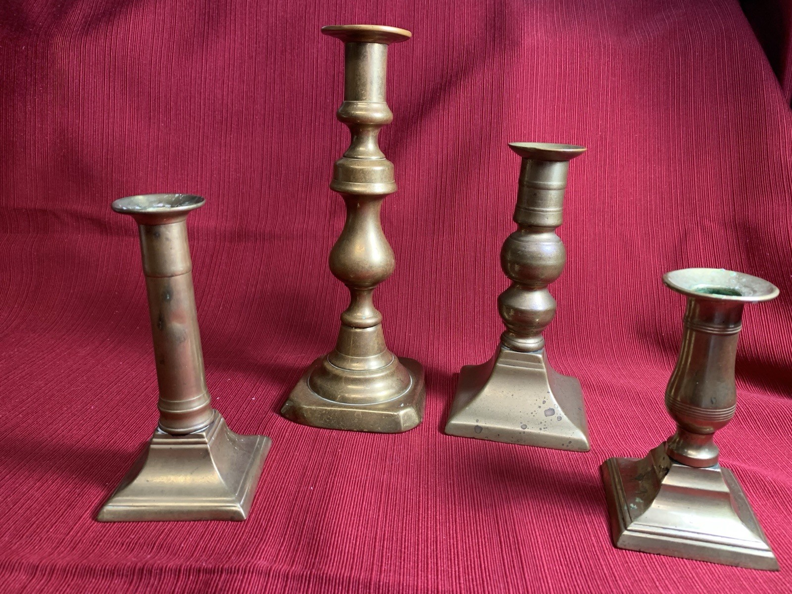 Antique Lot Of 4 Early Brass Candlesticks - Push Ups - 3 Missing Inserts