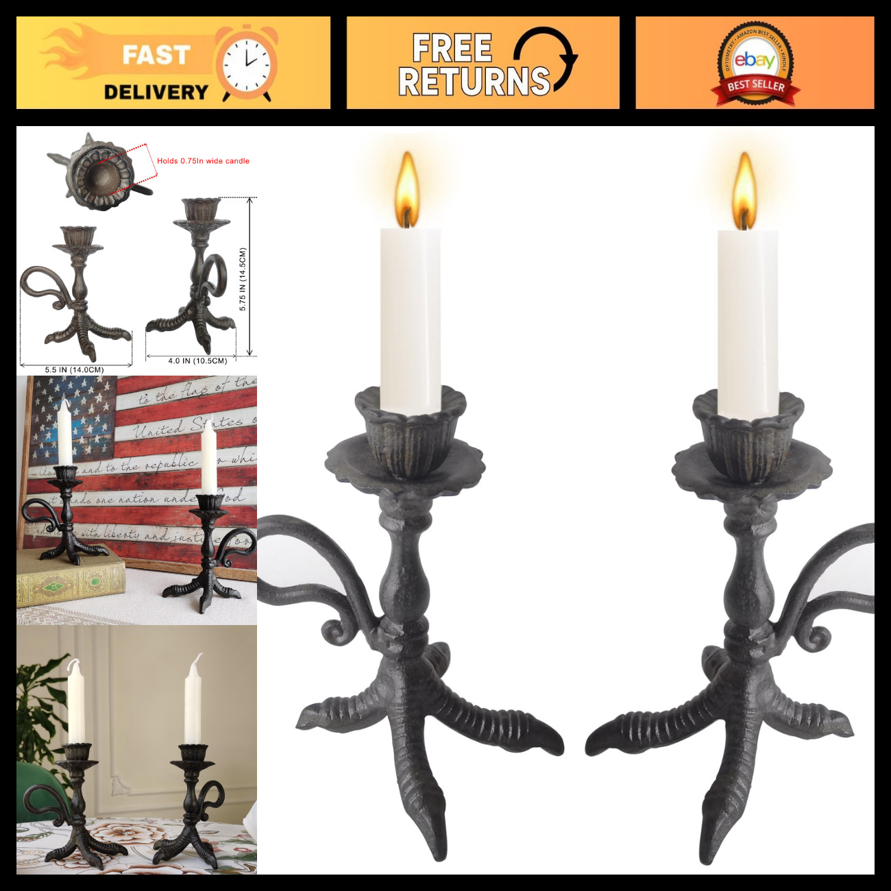 Elegant Claw Foot Candlestick Holders - Black Taper Candle Holders Set of 2