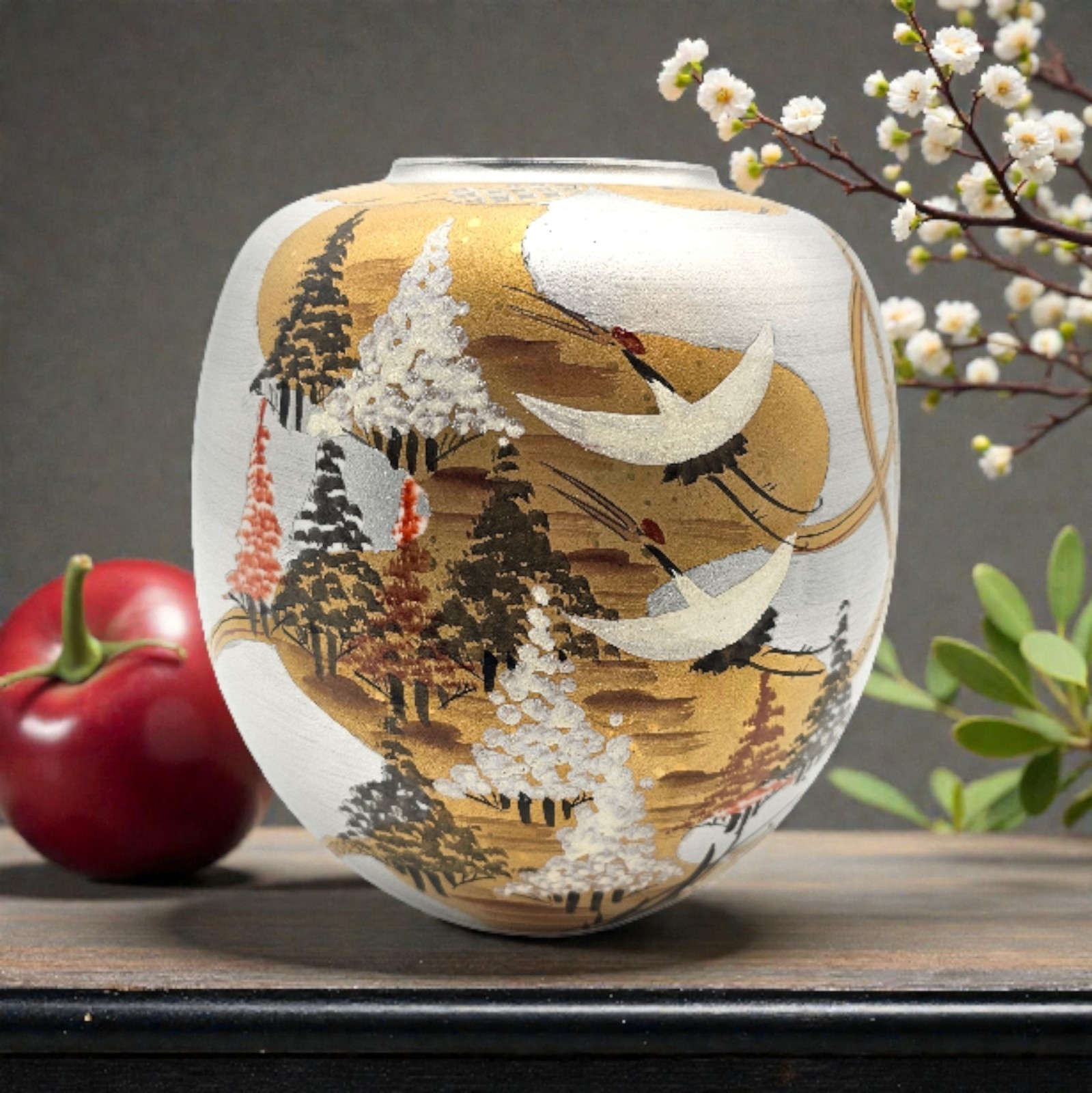 Kutani Japan Porcelain Vase Koryu Signed Tomobako Cranes Pine Gold Silver 9.5”