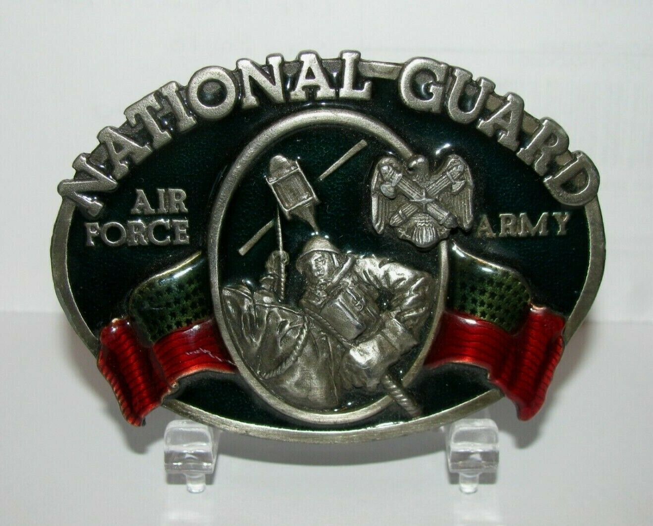 National Guard Army & Air Force Logo Pewter & Epoxy Belt Buckle 1982 Bergamot