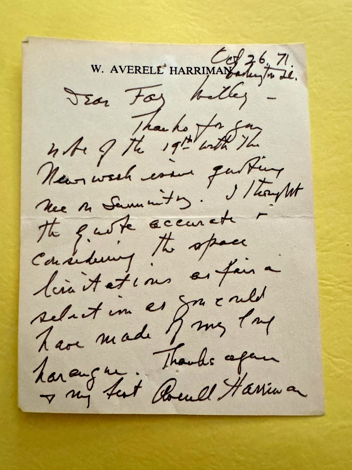 W. Averell Harriman Handwritten Letter Signed ALS 1971 to Newsweek Editor