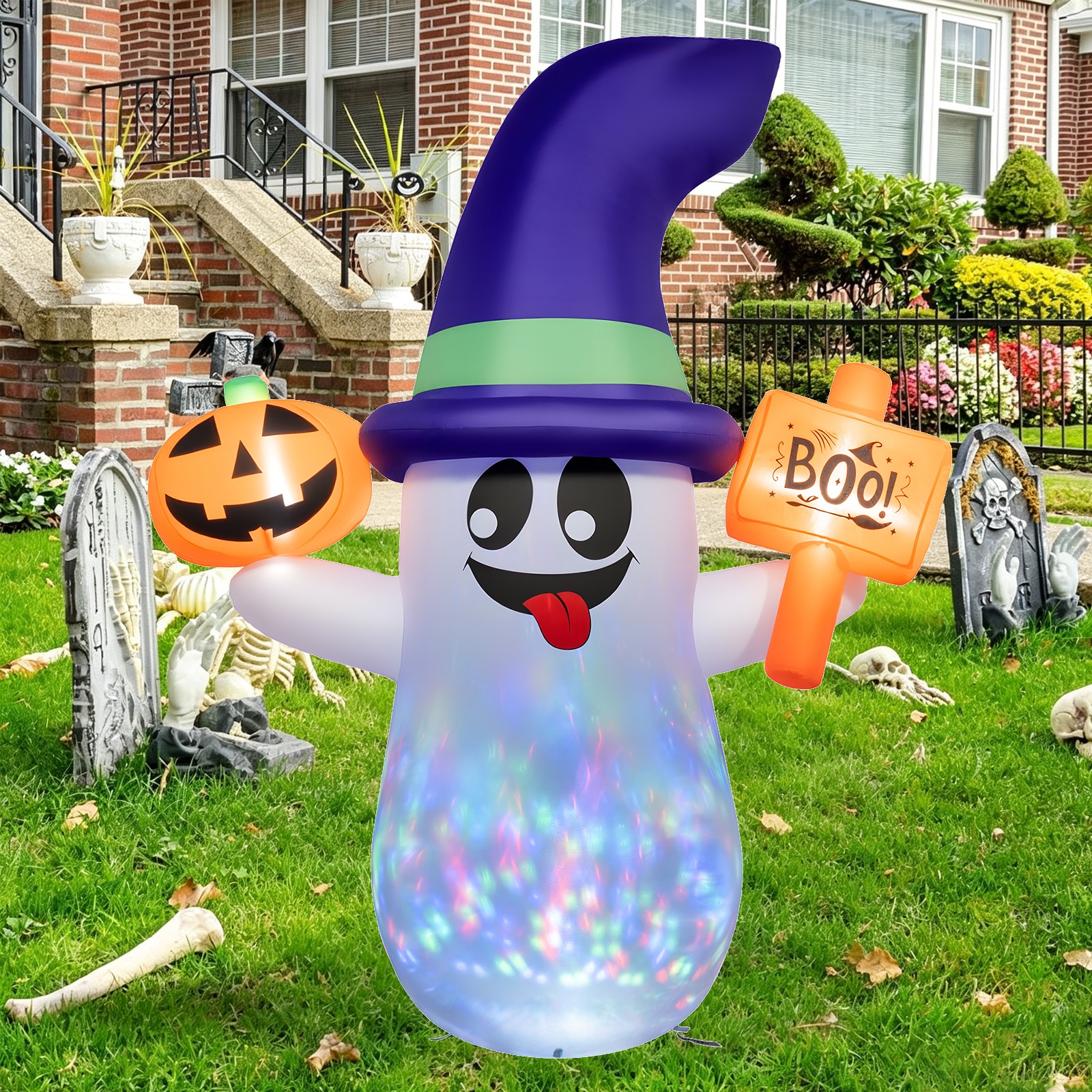 5FT Cute Halloween Inflatables Ghost,Blow Up Wizard Ghost w/ Pumpkin Party Decor