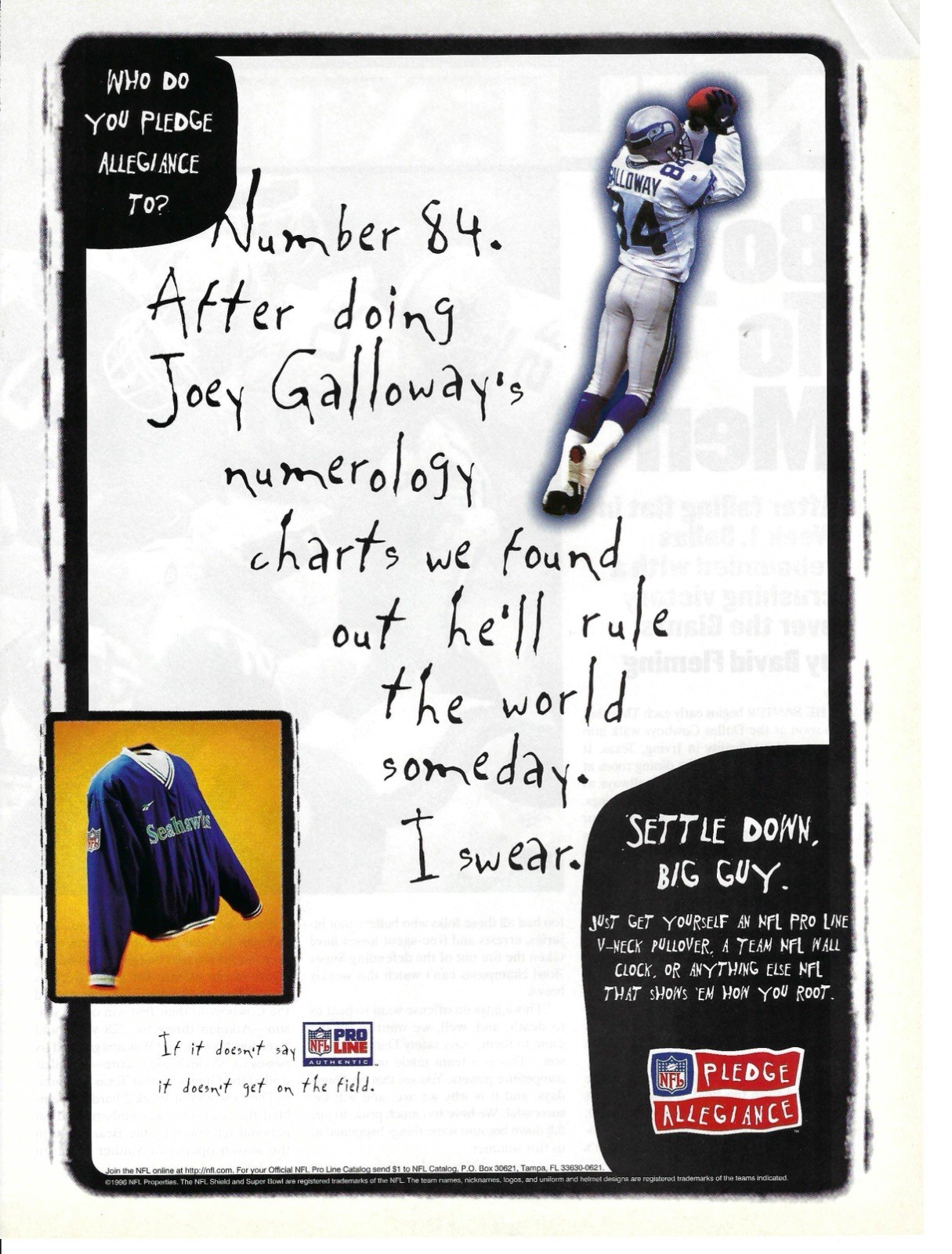 1996 NFL Football Pledge Allegiance Number 84 Joey Galloway Vtg Print Ad/Poster