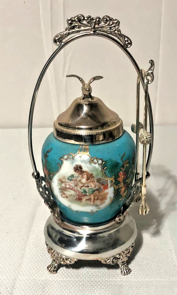 Antique Victorian 1890s Blue Hand Painted Glass Pickle Castor Jar/Silver Frame
