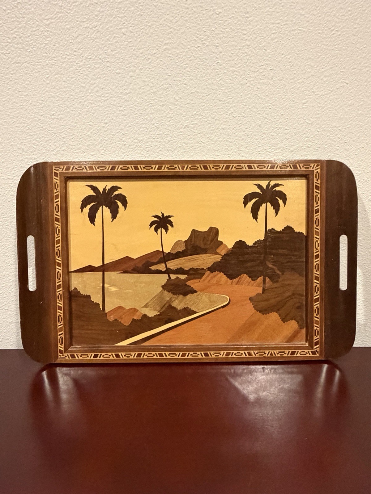 Carlos Zippered Brazil Marquetry Wood Serving Tray Palm Tree Motif MCM Vintage