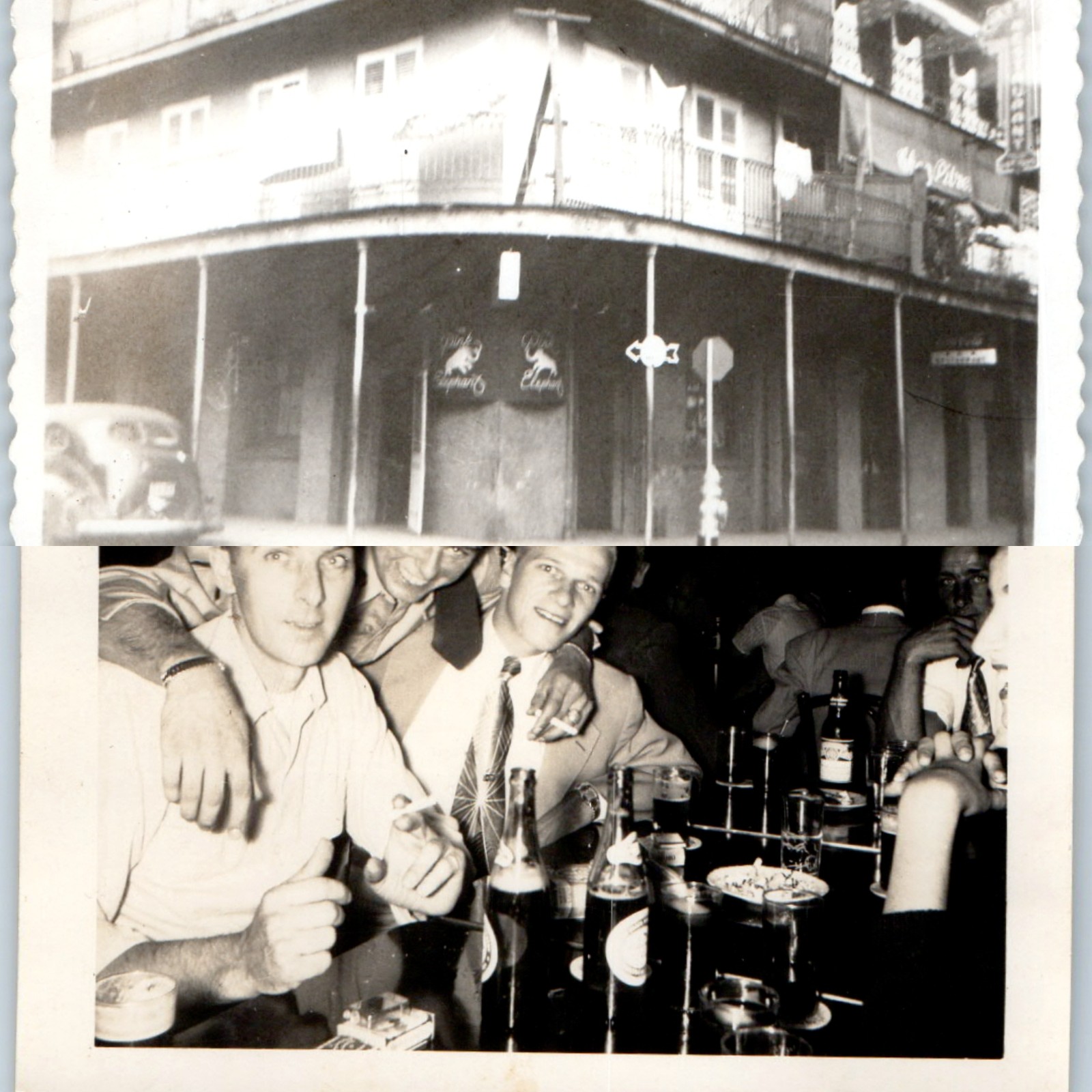 x2 LOT c1940s New Orleans, LA Pink Elephant Bar Nightlife Drinking Men Snapshots