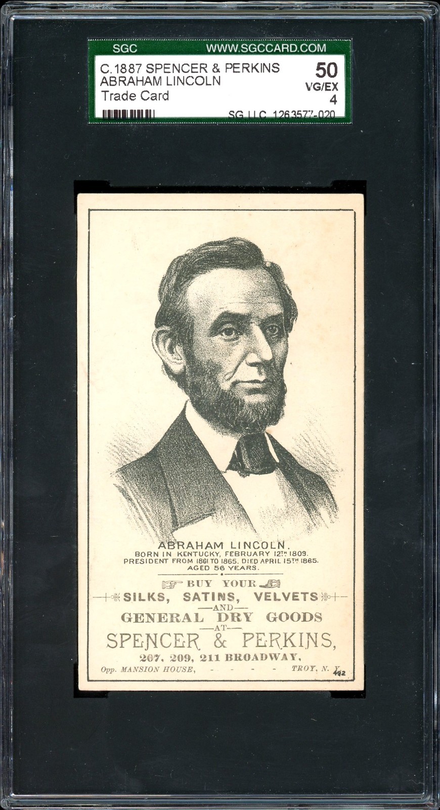 1880s HD2a Abraham Lincoln US President Trade Card Spencer & Perkins SGC 4 VG-EX 1880s HD2a Abraham Lincoln US President Trade Card Spencer & Perkins SGC 4 VG-EX