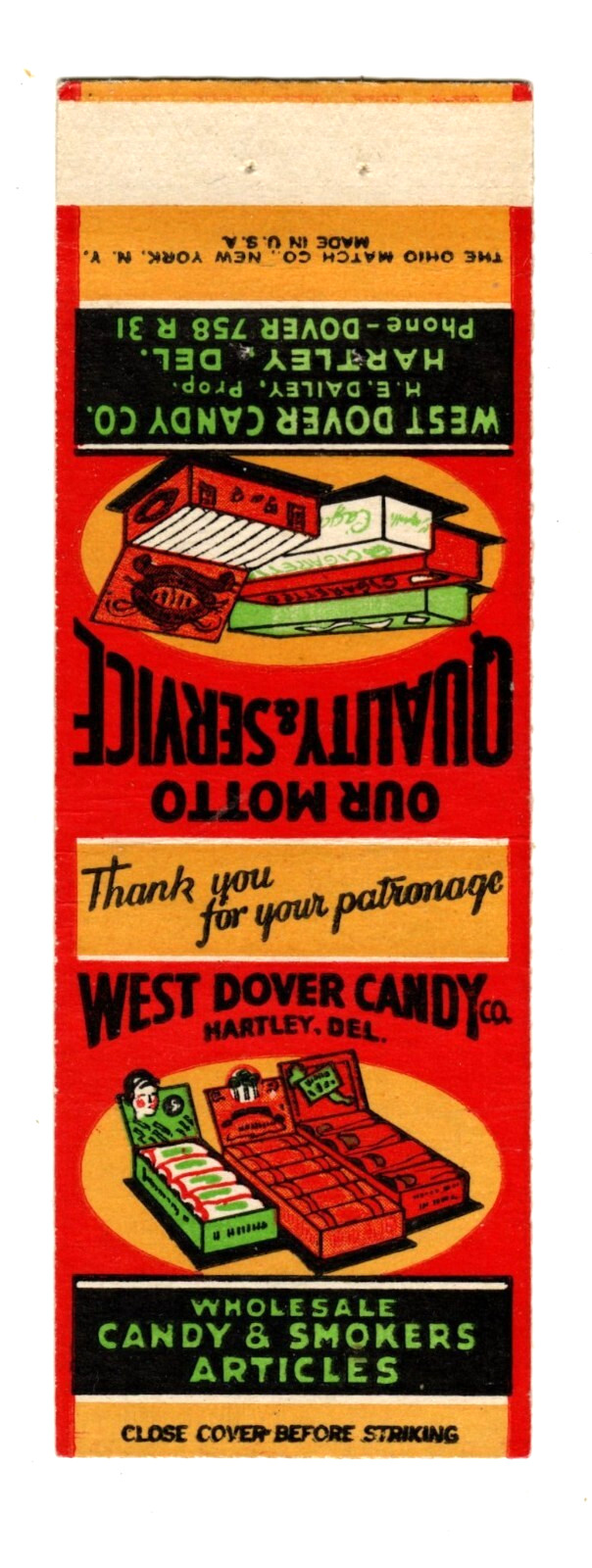 WEST DOVER CANDY matchbook matchcover - HARTLEY, DELAWARE WEST DOVER CANDY matchbook matchcover - HARTLEY, DELAWARE