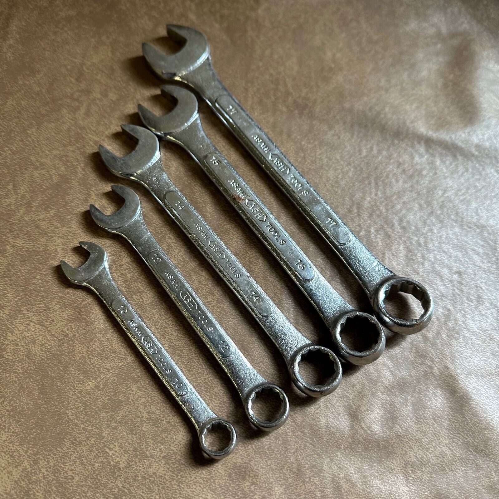 5x VINTAGE ASH ASAHI METRIC 10mm - 17mm COMBINATION RING SPANNERS MADE IN JAPAN