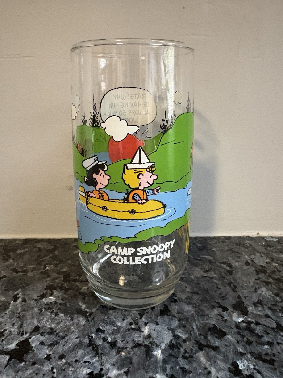 Vintage 1965 Peanuts/McDonalds Camp Snoopy  Glass  'Rats why is having fun...'