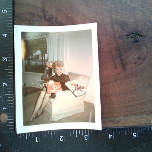 Mother\'s Day 1967 Snapshot Photograph Woman with Gifts Mid-Century Americana