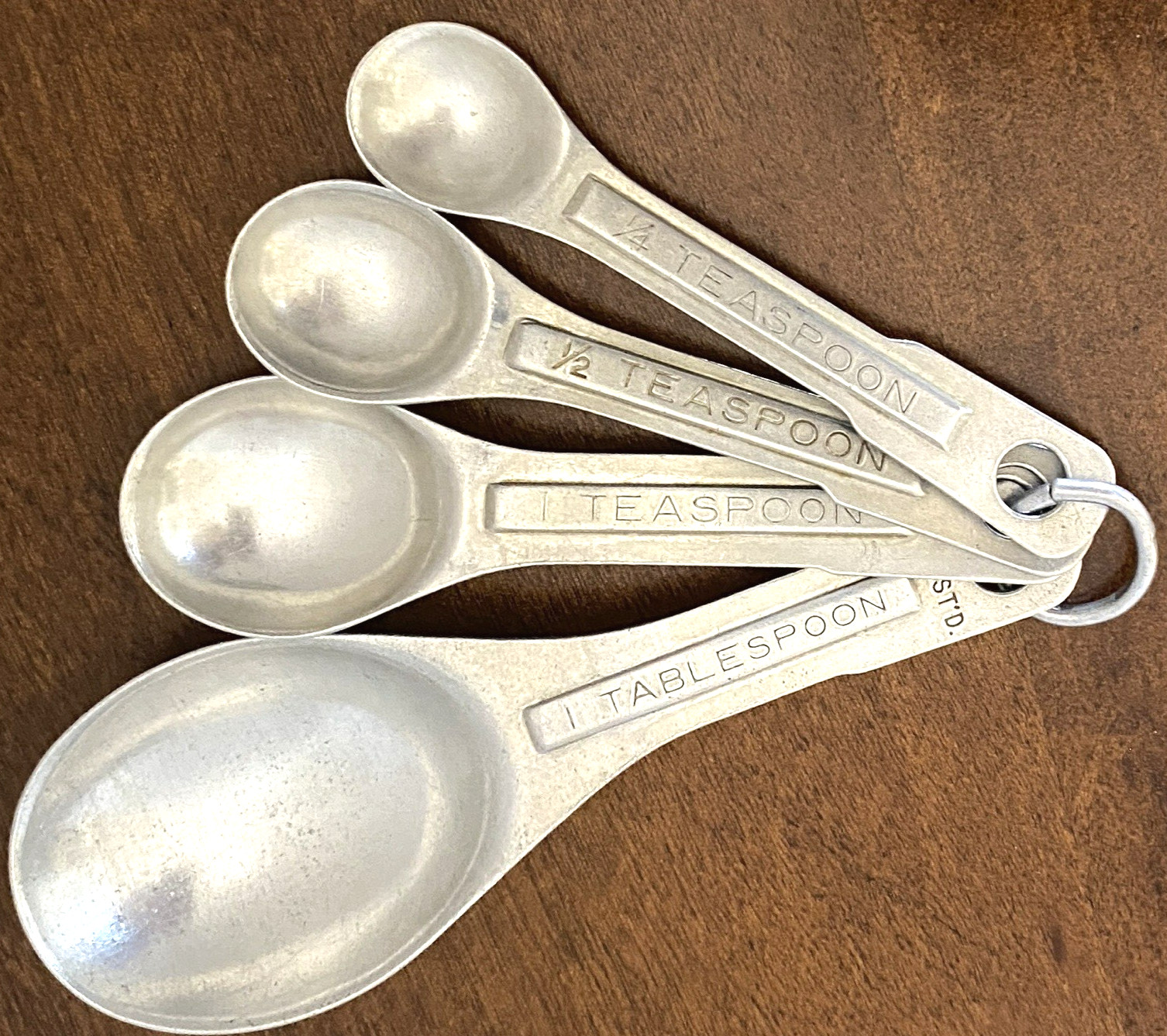 Vintage Aluminum Measuring Spoons U.S. ST\'D. Set of 4 w/Original Keeper Ring