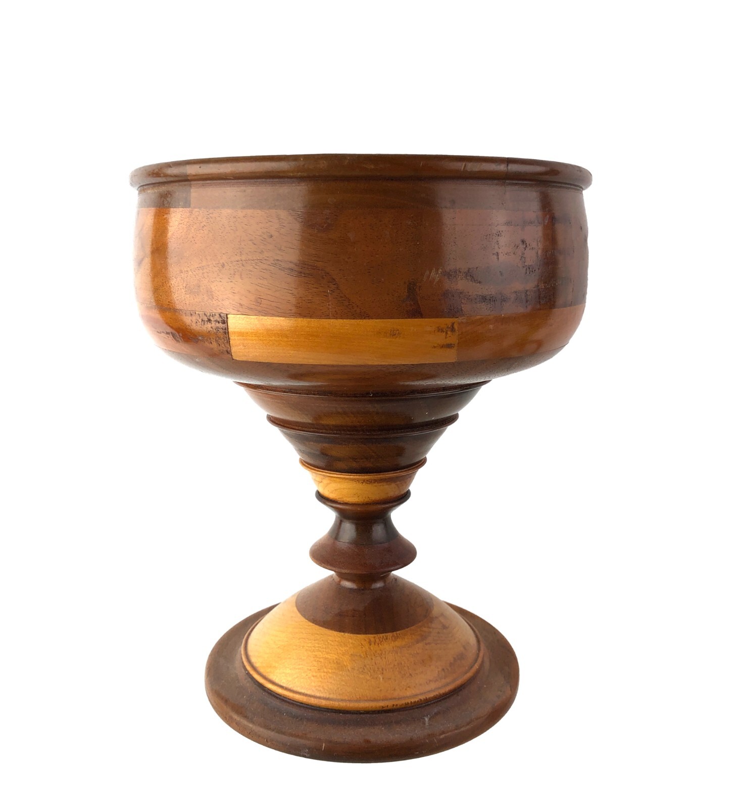 and Turned Segmented Wood Pedestal Bowl Two Tone Centerpiece Compote 9\