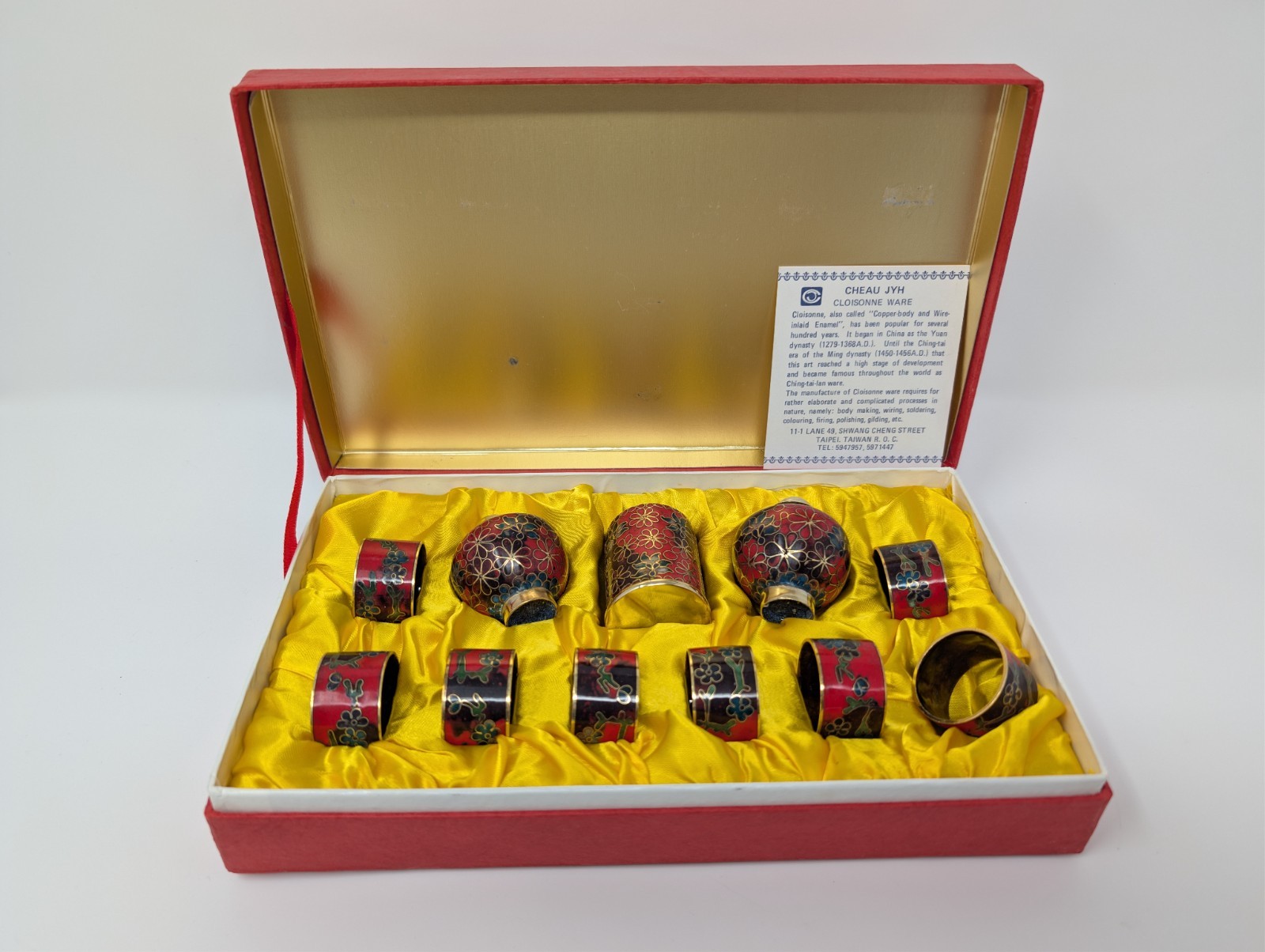 VTG Cheau Jyh Cloisonne Tableware Set 8 Napkin Rings Salt Pepper Toothpick Box