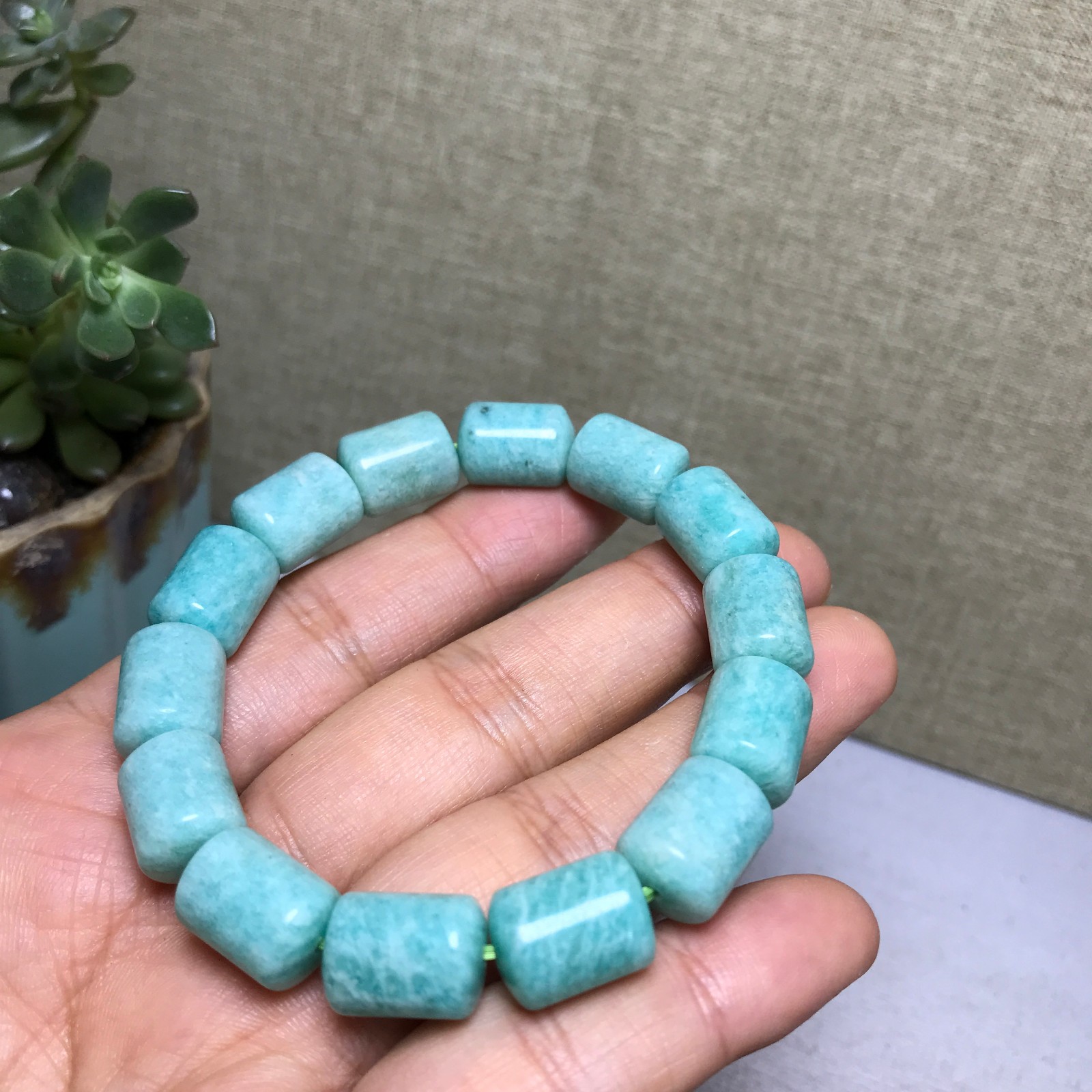 Rare Natural amazonite gemstone Crystal chain barrel beads bracelet 35g A5585