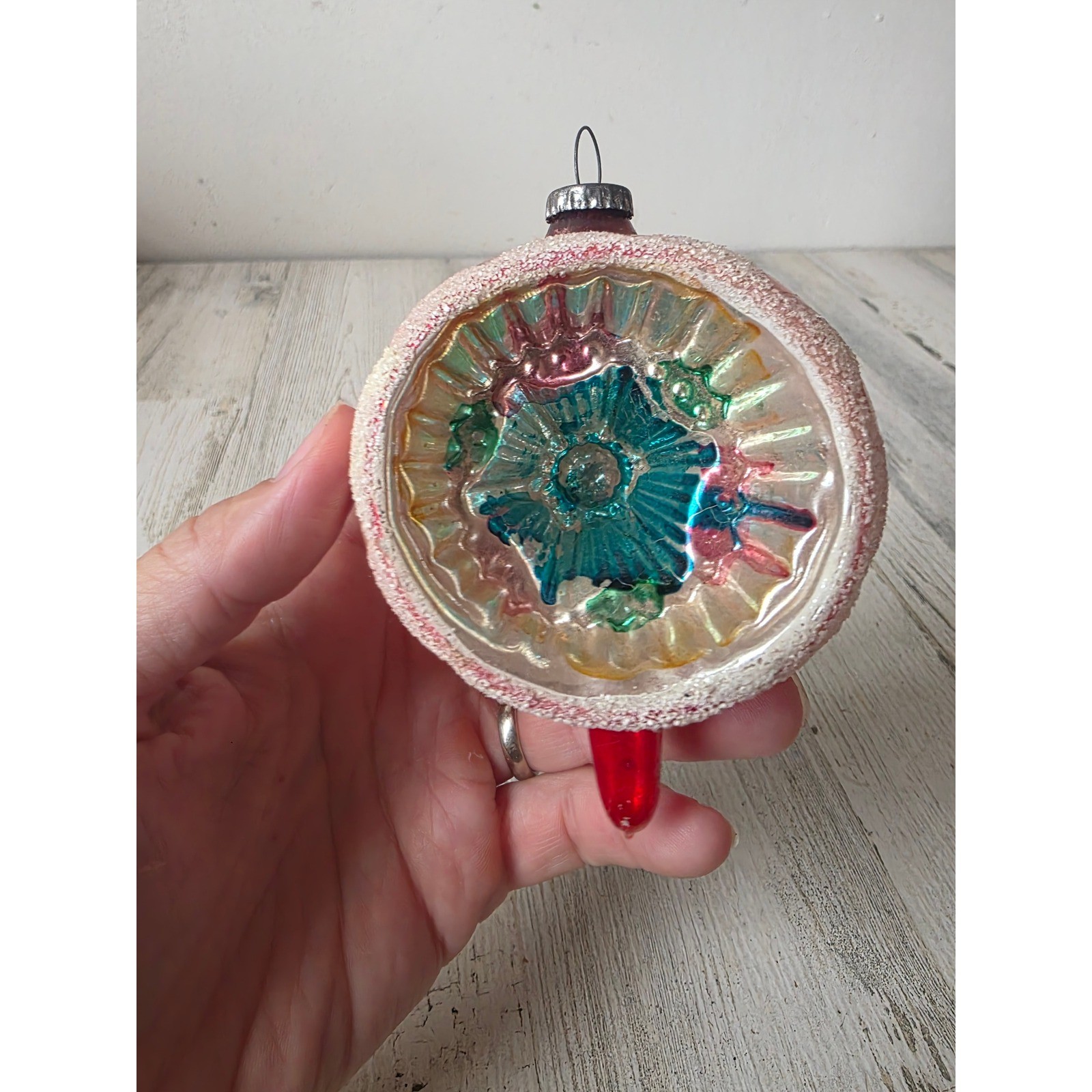 Antique big mouth indent teardrop red glass Micah ornament star Xmas tree