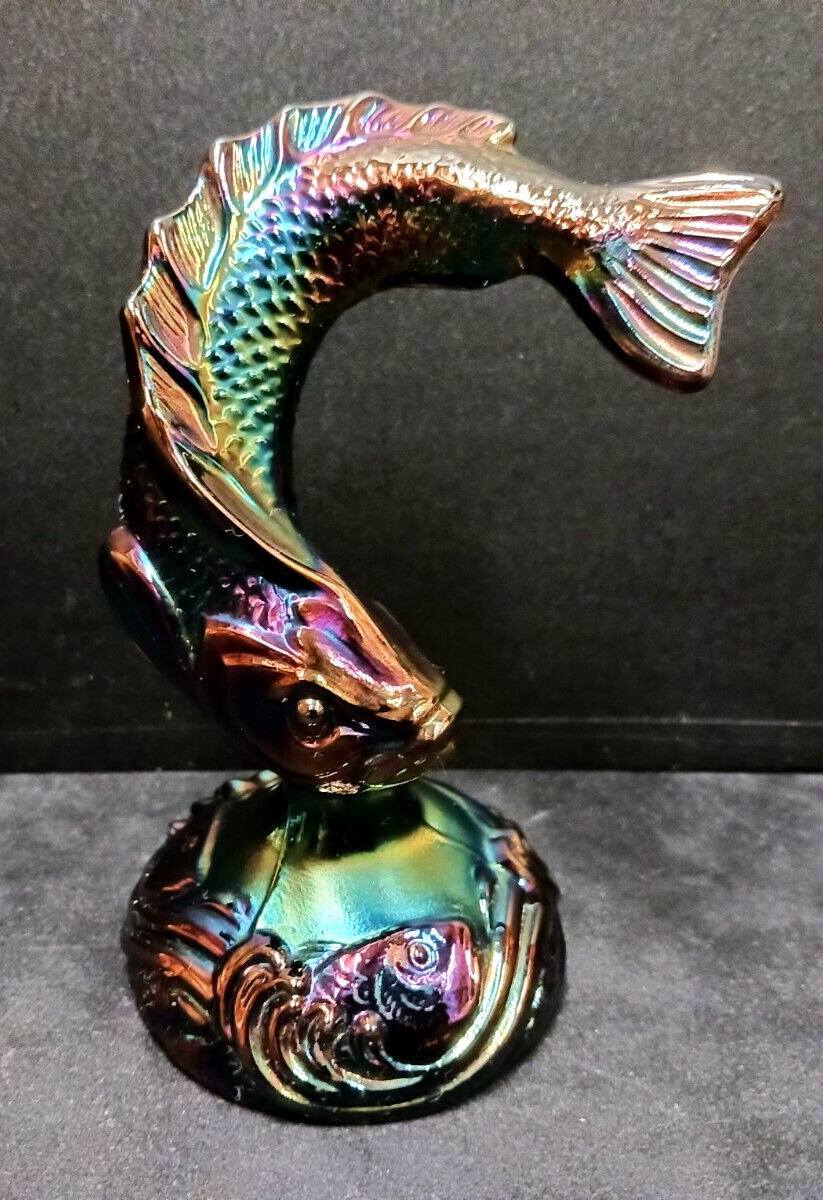 Fenton Black Carnival Glass Iridescent Koi Fish Figurine 5.5”