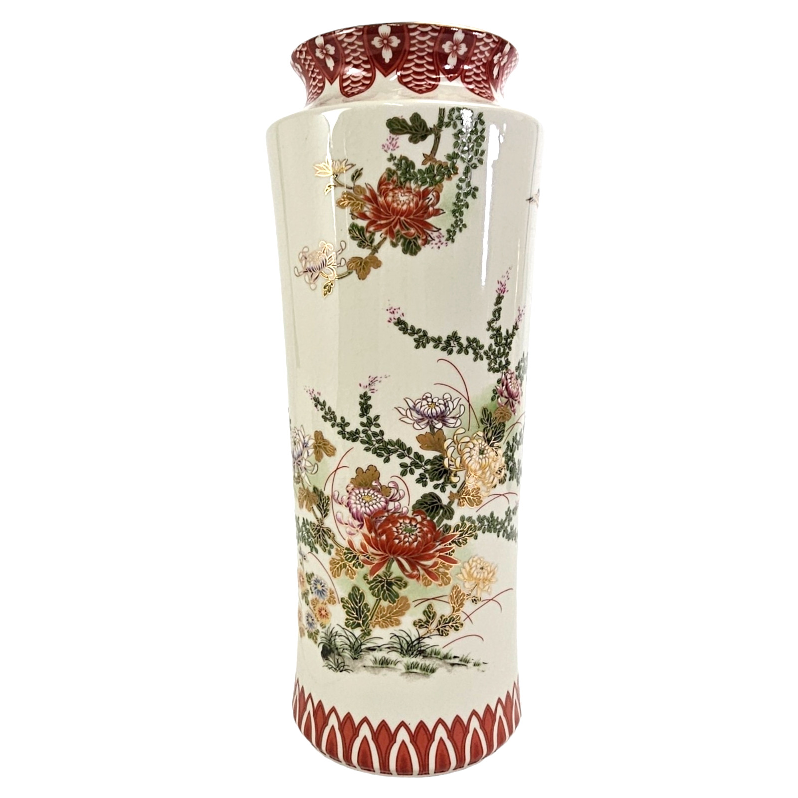 Vintage Shibata Japanese Chrysanthemum Vase Gold Red Porcelain 12.5