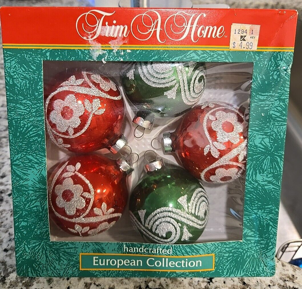 5 Vintage K Mart Trim A Home RED GREEN GITTER Glass Christmas Ornaments SLOVAKIA