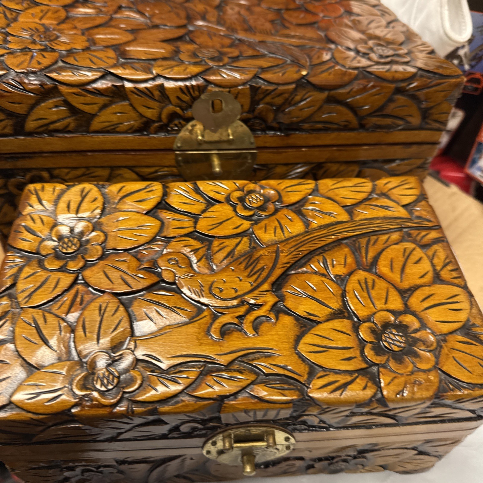 Asian Hand Carved Camphor Wood Box Birds and Flowers Vintage