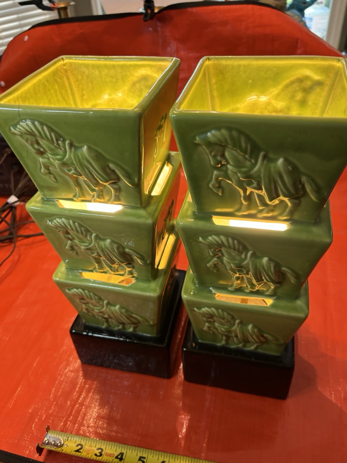 Vtg MCM Green Ceramic Pagoda Horse TV Accent Lamps Pair - Both Work