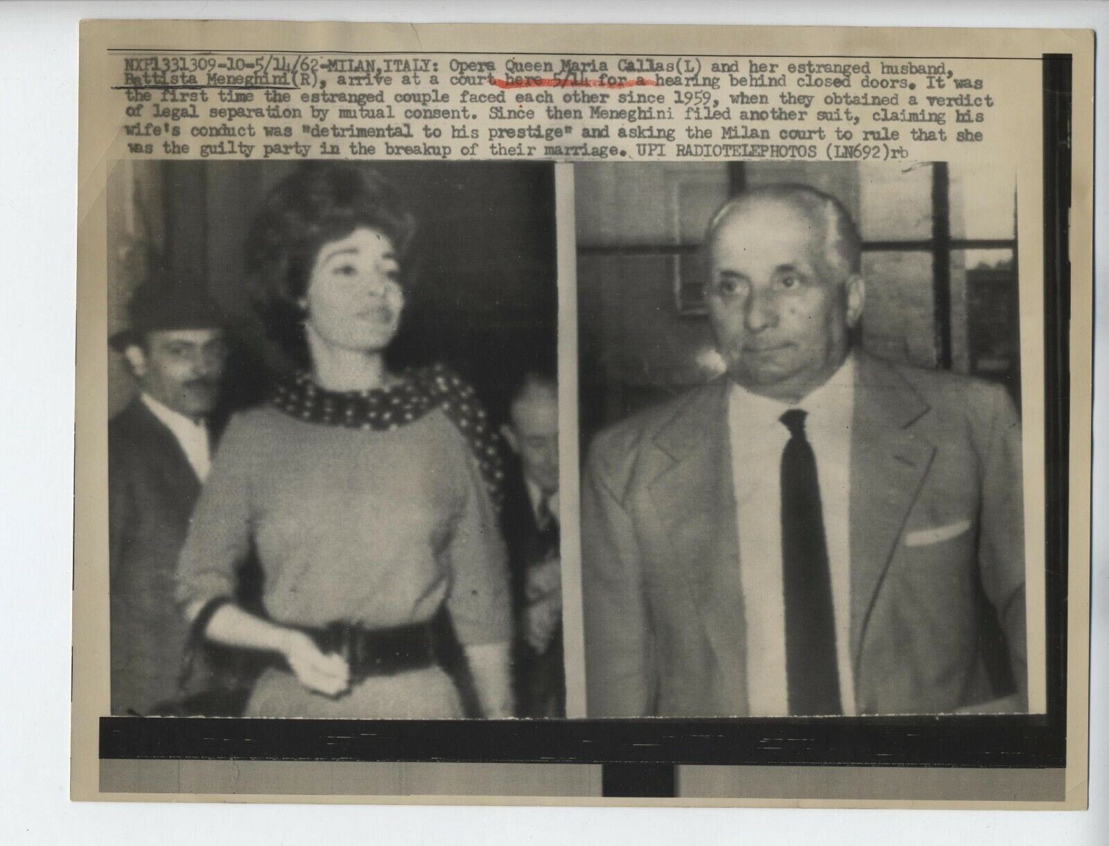 1962 ORIGINAL MARIA CALLAS OPERA STAR PHOTO & ESTRAGED HUSBAND BATTISTA AT COURT