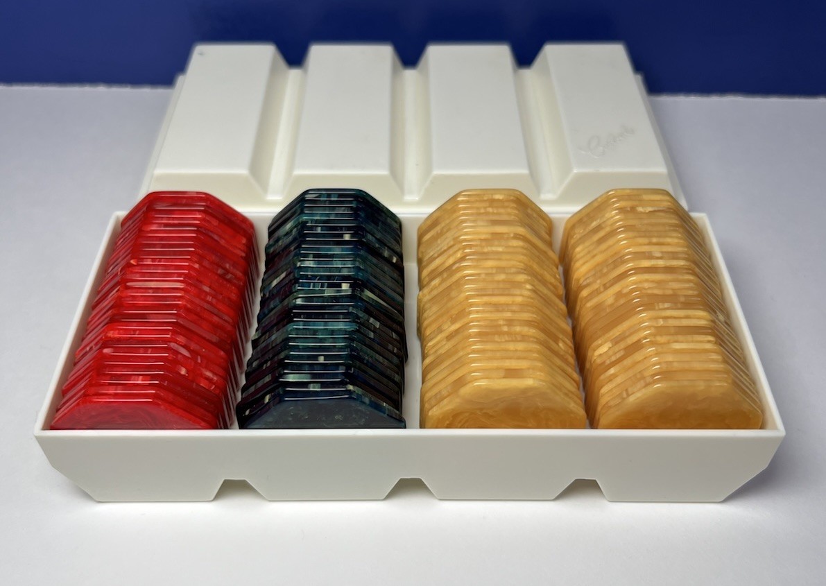 Crisloid Marbled Bakelite Octagon Poker Chips w/ Holder Red Green Yellow RARE