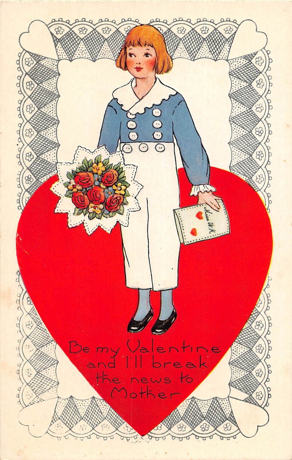 H53/ Valentine\'s Day Love Postcard c1910 Pretty Woman Heart Card Flowers 44