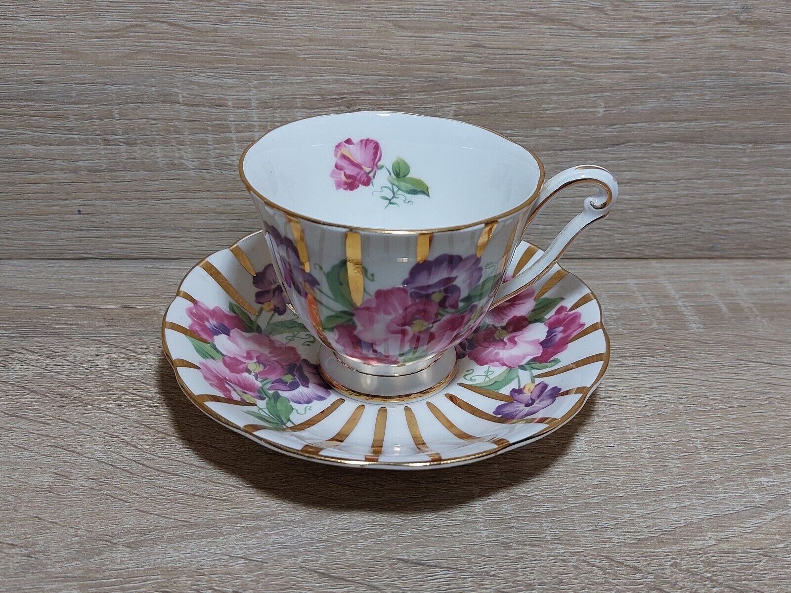 Vintage Queen Anne Bone China Teacup And Saucer Set - Violet Pink And Gold