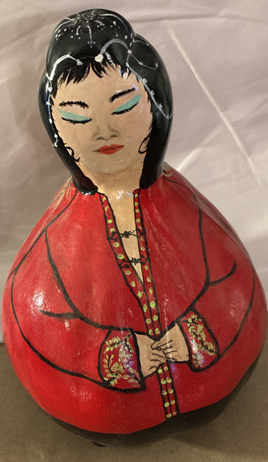 Vintage Folk Art Hand Painted Gourd Doll Asian Woman Figurine Red Robe OOAK 10”
